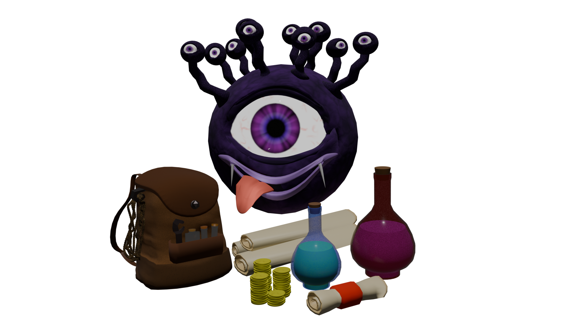 Quill the Scryve mascot surrounded by a backpack, potions, scrolls, and gold coins